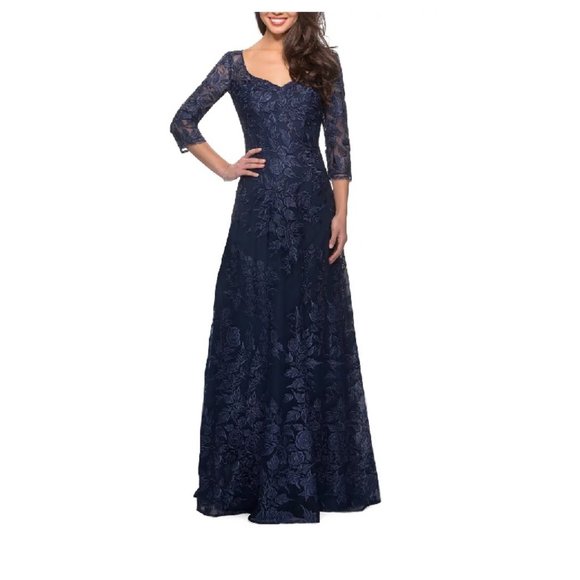 🎁 La Femme Floral Embroidered Mesh A-Line Gown in Navy